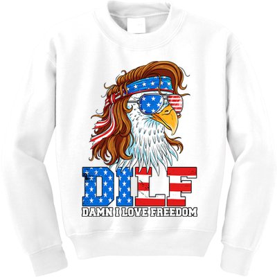 Dilf Damn I Love Freedom Eagle Funny Patriotic 4th Of July Kids Sweatshirt