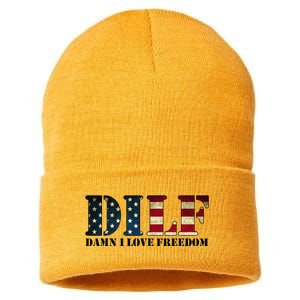 DILF Damn I Love Freedom Funny Patriotic USA Flag Sustainable Knit Beanie