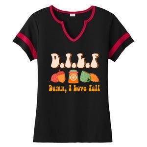 Dilf Damn I Love Fall Funny Pumpkin Autumn Lover Ladies Halftime Notch Neck Tee