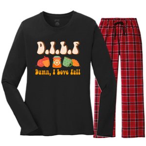 Dilf Damn I Love Fall Funny Pumpkin Autumn Lover Women's Long Sleeve Flannel Pajama Set 