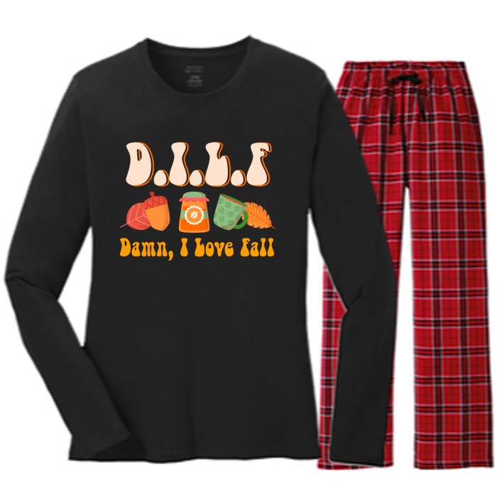 Dilf Damn I Love Fall Funny Pumpkin Autumn Lover Women's Long Sleeve Flannel Pajama Set 