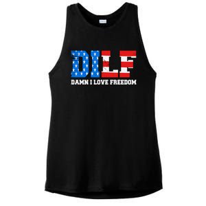 Dilf Damn I Love Freedom Funny Patriotic 4th Of July Ladies PosiCharge Tri-Blend Wicking Tank