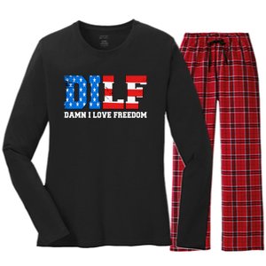 Dilf Damn I Love Freedom Funny Patriotic 4th Of July Women's Long Sleeve Flannel Pajama Set 