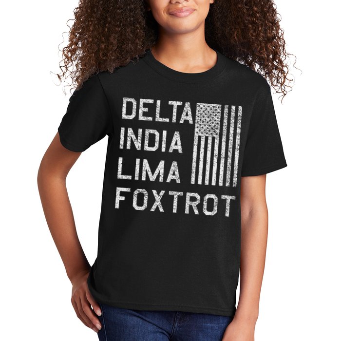 Dilf Dela India Lima Foxro Us Flag American Pario Kids T-Shirt