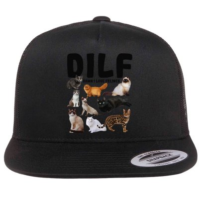 DILF Damn I Love Felines Funny Cat Kitty Lover Flat Bill Trucker Hat