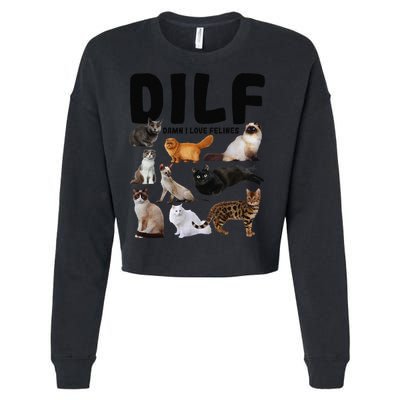DILF Damn I Love Felines Funny Cat Kitty Lover Cropped Pullover Crew