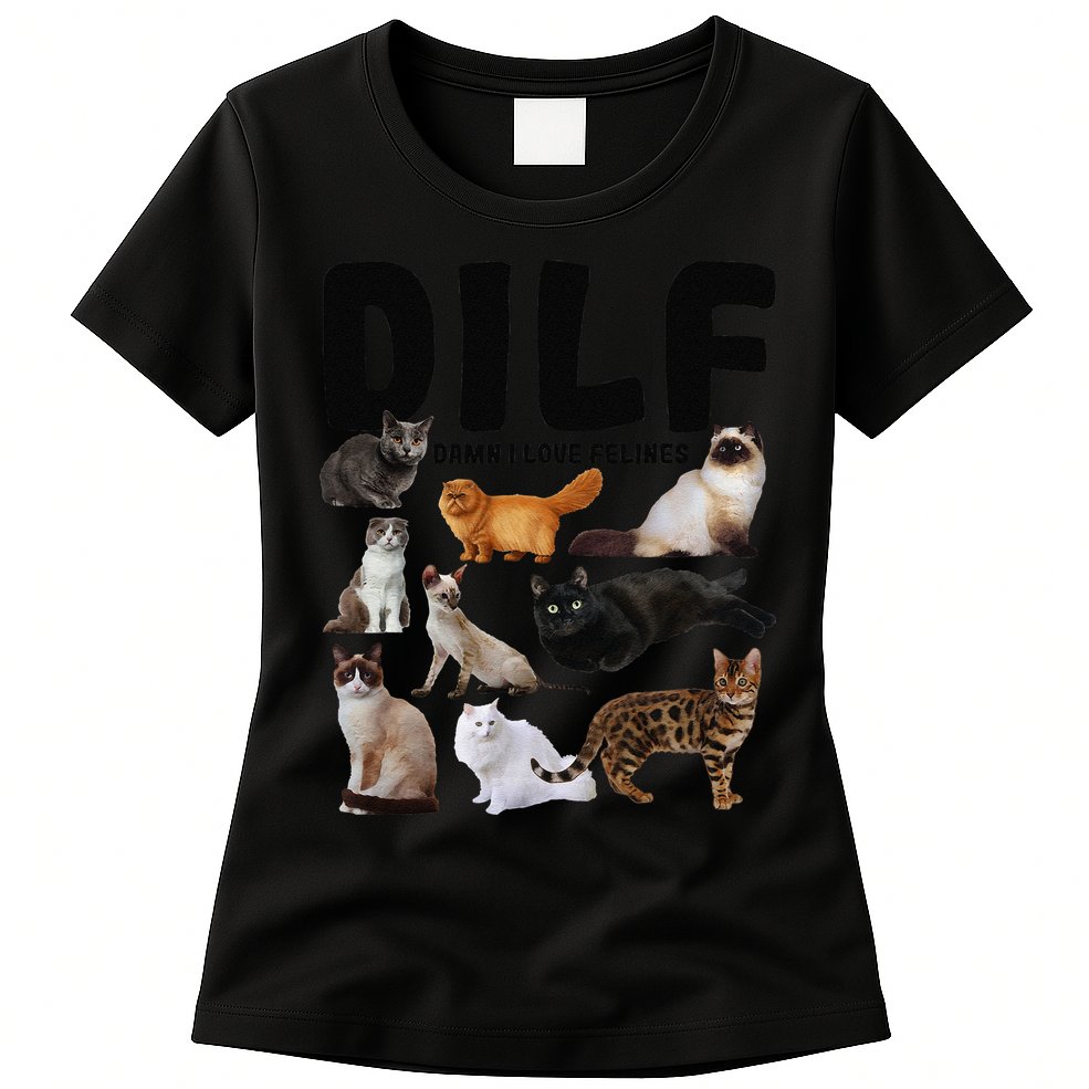 DILF Damn I Love Felines Funny Cat Kitty Lover Womens T-Shirt