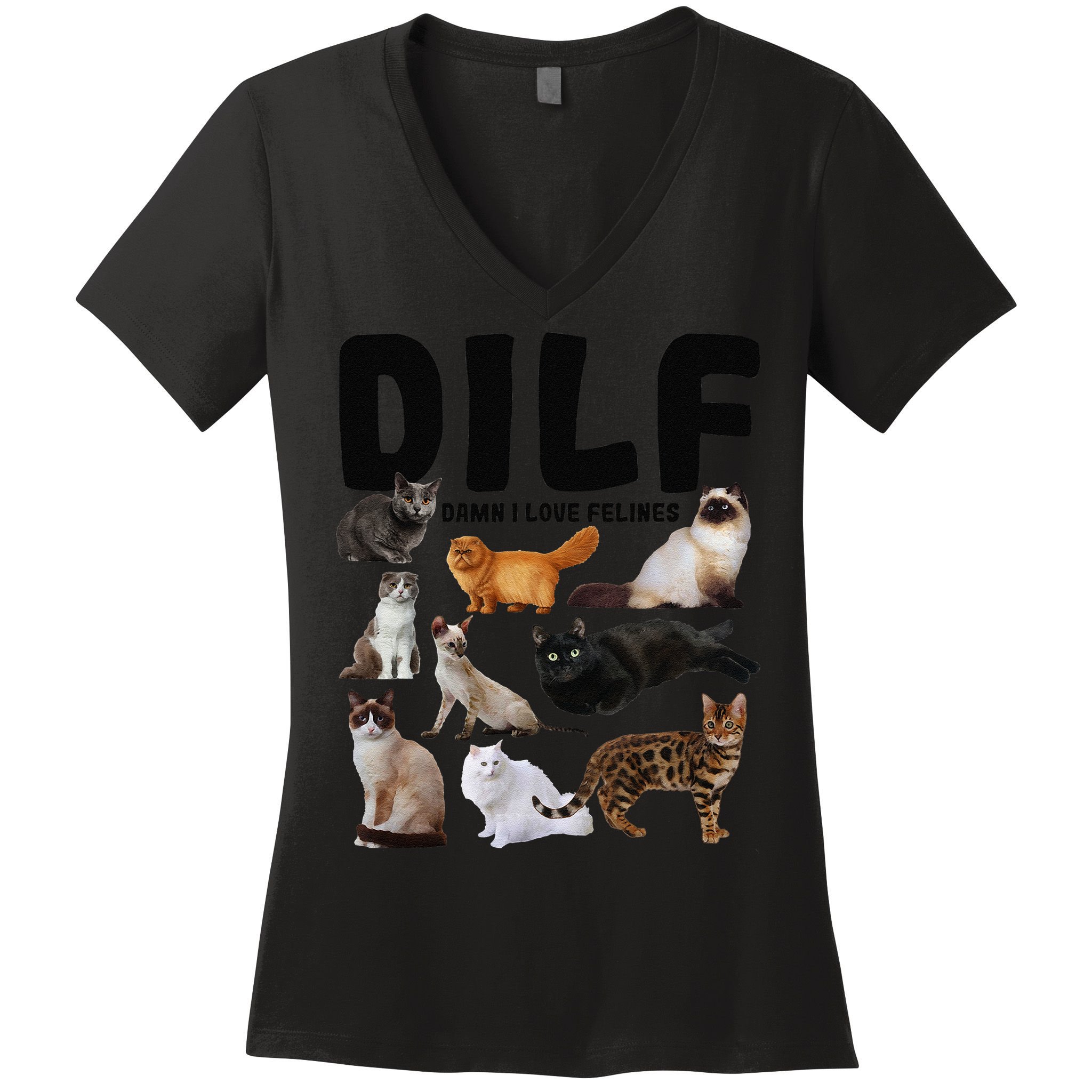 DILF Damn I Love Felines Funny Cat Kitty Lover Women's V-Neck T-Shirt
