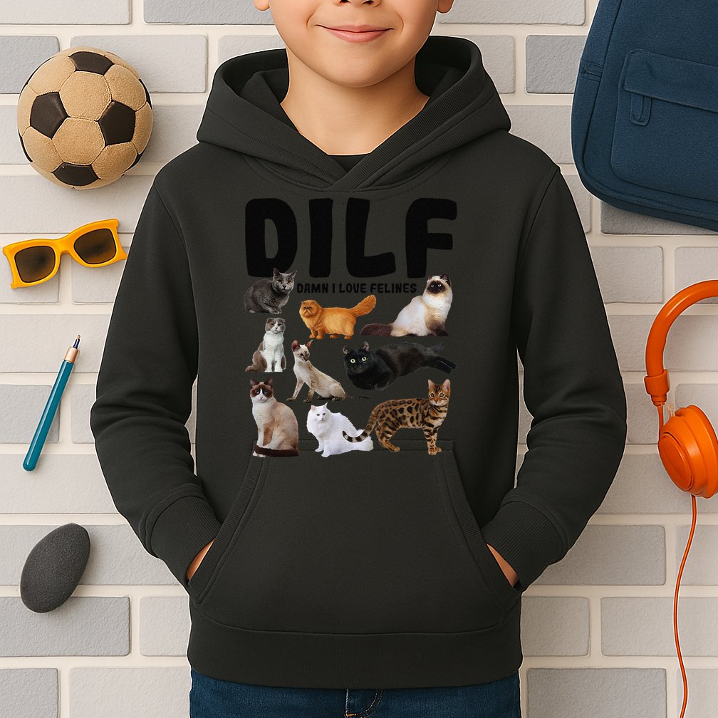 DILF Damn I Love Felines Funny Cat Kitty Lover Kids Hoodie