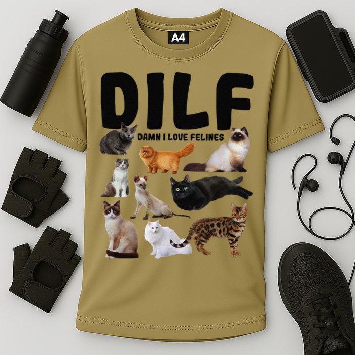 DILF Damn I Love Felines Funny Cat Kitty Lover Cooling Performance Crew T-Shirt