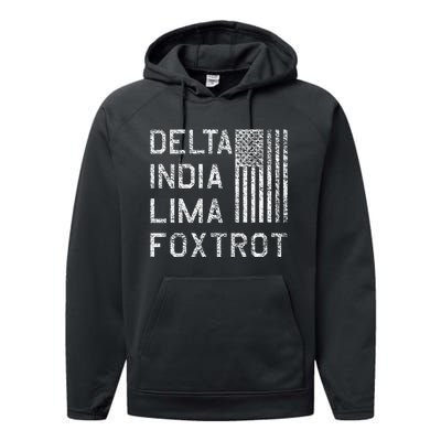 Dilf Delta India Lima Foxtrot Us Flag American Patriot Performance Fleece Hoodie