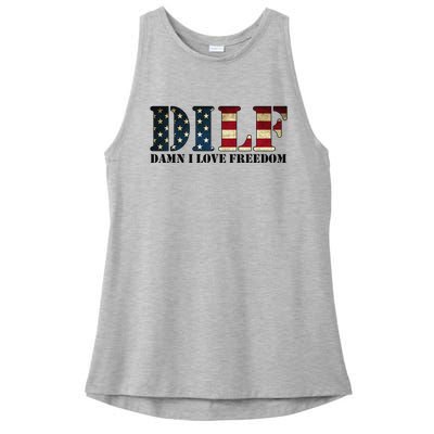 DILF Damn I Love Freedom Funny Patriotic USA Flag Ladies PosiCharge Tri-Blend Wicking Tank