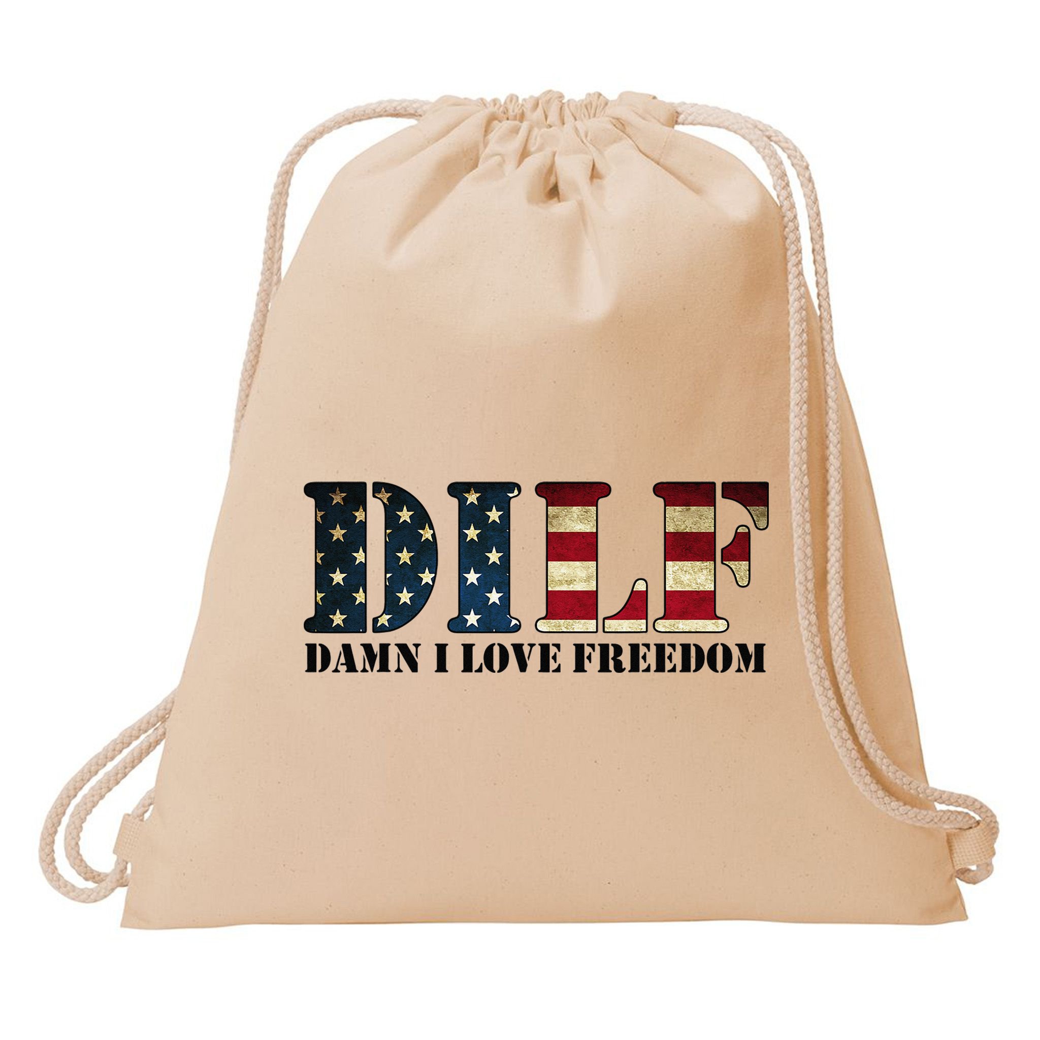 DILF Damn I Love Freedom Funny Patriotic USA Flag Drawstring Bag