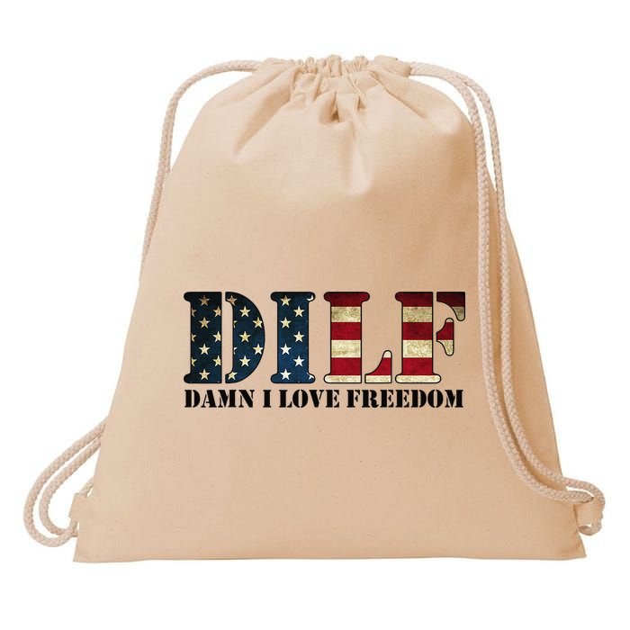 DILF Damn I Love Freedom Funny Patriotic USA Flag Drawstring Bag