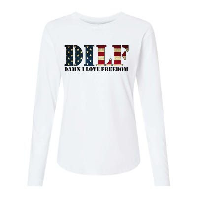 DILF Damn I Love Freedom Funny Patriotic USA Flag Womens Cotton Relaxed Long Sleeve T-Shirt