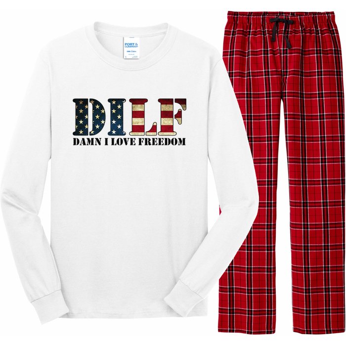 DILF Damn I Love Freedom Funny Patriotic USA Flag Long Sleeve Pajama Set