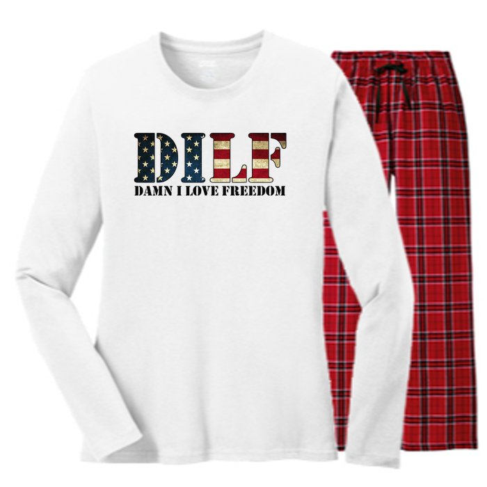 DILF Damn I Love Freedom Funny Patriotic USA Flag Women's Long Sleeve Flannel Pajama Set 