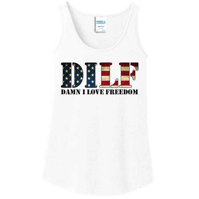 DILF Damn I Love Freedom Funny Patriotic USA Flag Ladies Essential Tank