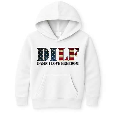 DILF Damn I Love Freedom Funny Patriotic USA Flag Kids Hoodie
