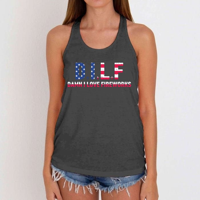 DILF Damn I Love Fireworks Labor Day Women's Knotted Racerback Tank