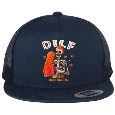 Dilf Dude I Love Fall Skeleton Pumpkin Halloween Customs Flat Bill Trucker Hat