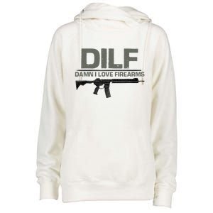 DILF Damn I Love Firearms Funny Womens Funnel Neck Pullover Hood