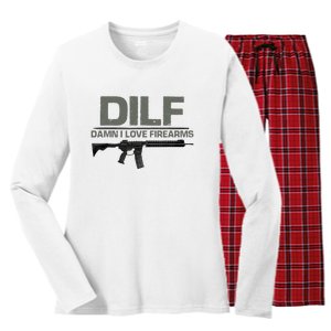 DILF Damn I Love Firearms Funny Women's Long Sleeve Flannel Pajama Set 