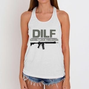 DILF Damn I Love Firearms Funny Women's Knotted Racerback Tank