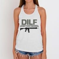 DILF Damn I Love Firearms Funny Women's Knotted Racerback Tank