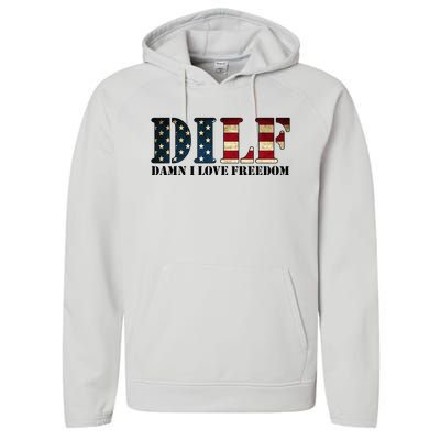 DILF Damn I Love Freedom Funny Patriotic USA Flag Performance Fleece Hoodie