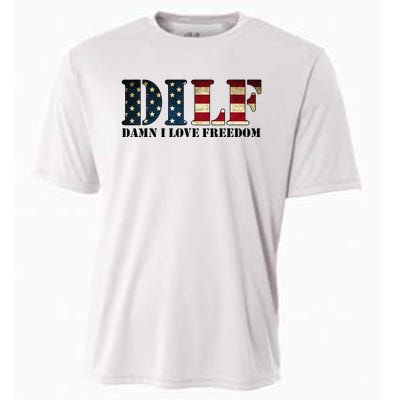 DILF Damn I Love Freedom Funny Patriotic USA Flag Cooling Performance Crew T-Shirt