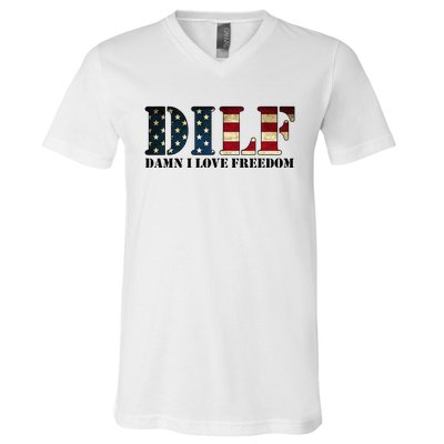 DILF Damn I Love Freedom Funny Patriotic USA Flag V-Neck T-Shirt