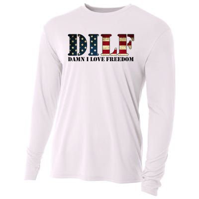 DILF Damn I Love Freedom Funny Patriotic USA Flag Cooling Performance Long Sleeve Crew