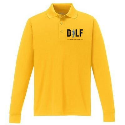 Dilf Damn I Love Fishing Retro Fisherman Funny Fishing Gift Performance Long Sleeve Polo