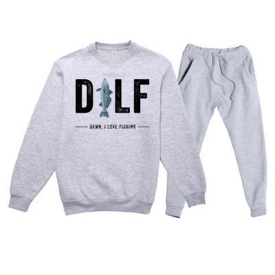 Dilf Damn I Love Fishing Retro Fisherman Funny Fishing Gift Premium Crewneck Sweatsuit Set