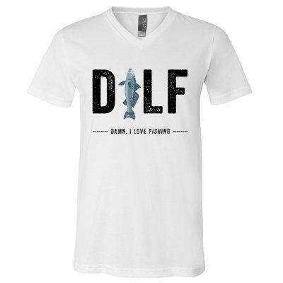 Dilf Damn I Love Fishing Retro Fisherman Funny Fishing Gift V-Neck T-Shirt