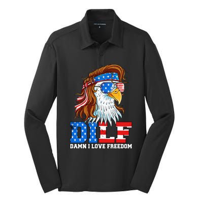 Dilf Damn I Love Freedom Eagle Patriotic Silk Touch Performance Long Sleeve Polo