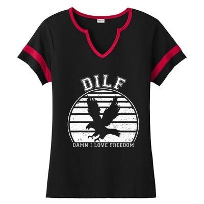 Dilf Damn I Love Freedom Eagle Funny Patriotic Ladies Halftime Notch Neck Tee