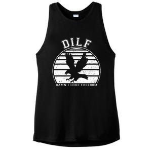 Dilf Damn I Love Freedom Eagle Funny Patriotic Ladies PosiCharge Tri-Blend Wicking Tank