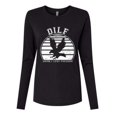 Dilf Damn I Love Freedom Eagle Funny Patriotic Womens Cotton Relaxed Long Sleeve T-Shirt