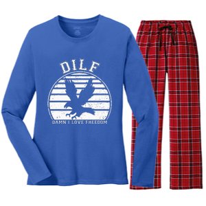 Dilf Damn I Love Freedom Eagle Funny Patriotic Women's Long Sleeve Flannel Pajama Set 