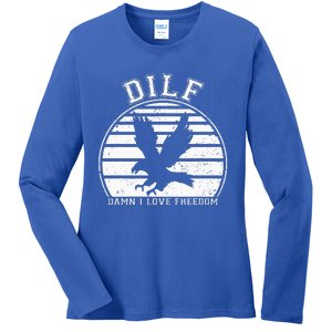 Dilf Damn I Love Freedom Eagle Funny Patriotic Ladies Long Sleeve Shirt