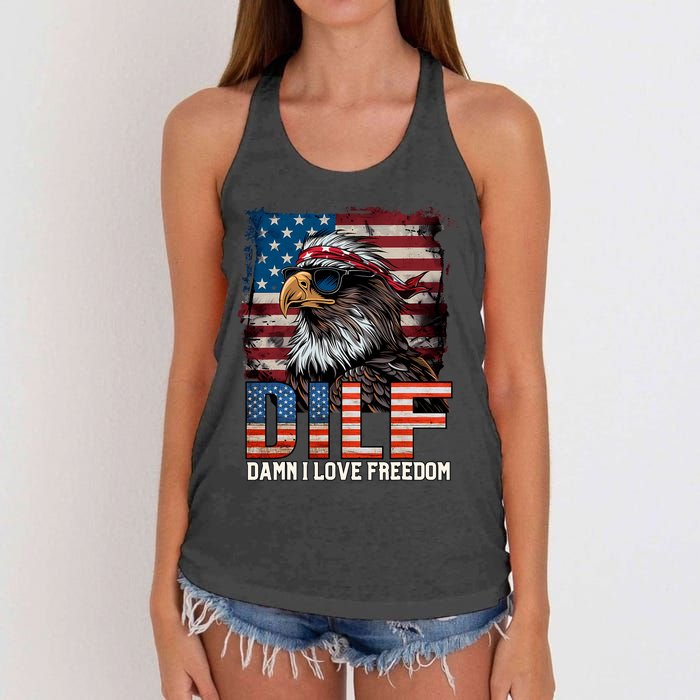 Dilf Damn I Love Freedom Eagle Funny Patriotic 4th Of July Women's Knotted Racerback Tank