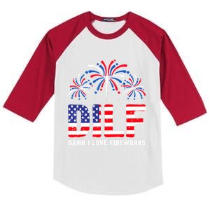 Dilf Damn I Love Fireworks Funny American Patriotic July 4th Kids Colorblock Raglan Jersey