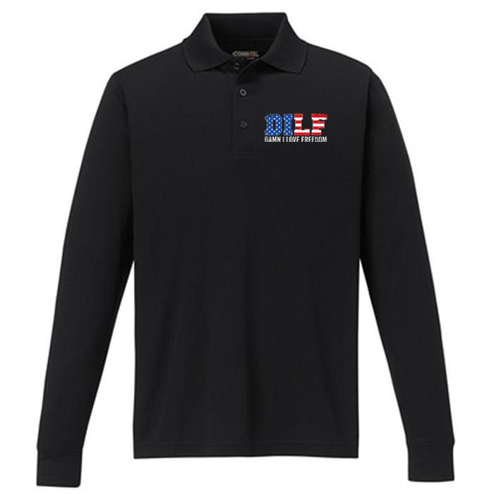 Dilf Damn I Love Freedom Performance Long Sleeve Polo