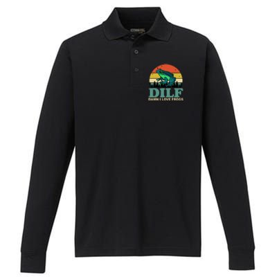 DILF Damn I Love Frogs Performance Long Sleeve Polo