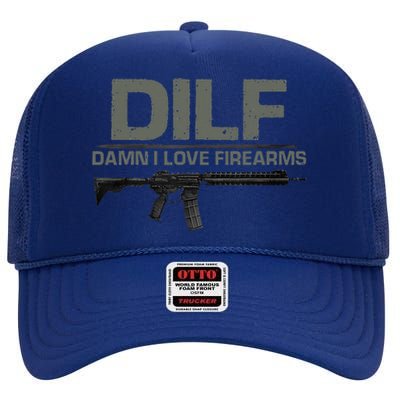 DILF Damn I Love Firearms Funny High Crown Mesh Back Trucker Hat