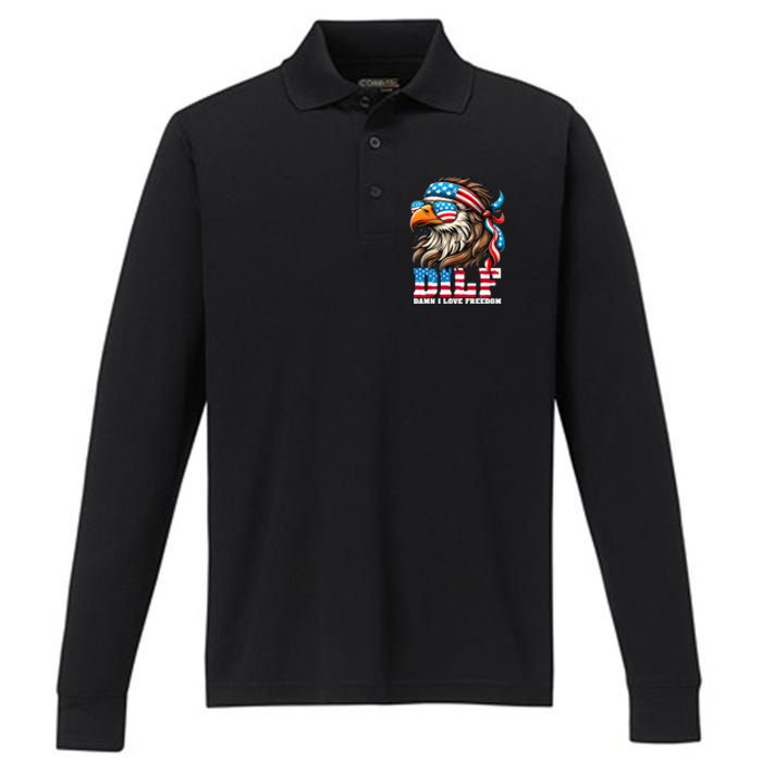 Dilf Damn I Love Freedom Eagle Mullet Funny 4th Of July Performance Long Sleeve Polo