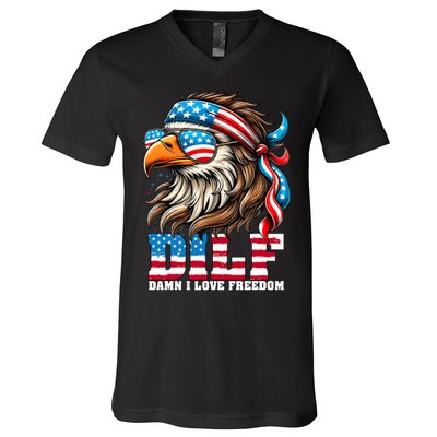 Dilf Damn I Love Freedom Eagle Mullet Funny 4th Of July V-Neck T-Shirt