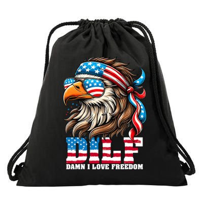 Dilf Damn I Love Freedom Eagle Mullet Funny 4th Of July Drawstring Bag